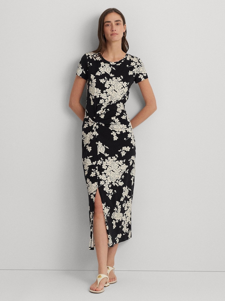 Lauren Ralph Lauren Syporah Floral Jersey Twist Front Midi Black Dress - Image 1 of 5