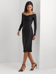 Lauren Ralph Lauren Keneia Metallic Off Shoulder Cocktail Black Dress - Image 6 of 9
