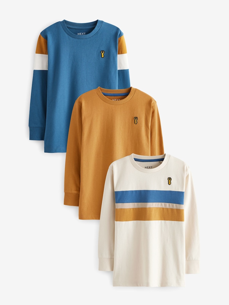 Ochre Yellow/Cream 100% Cotton Long Sleeve Colourblock T-Shirts 3 Pack (3-16yrs) - Image 1 of 6 Ochre Yellow/Cream 100% Cotton Long Sleeve Colourblock T-Shirts 3 Pack (3-16yrs) - Image 1 of 6