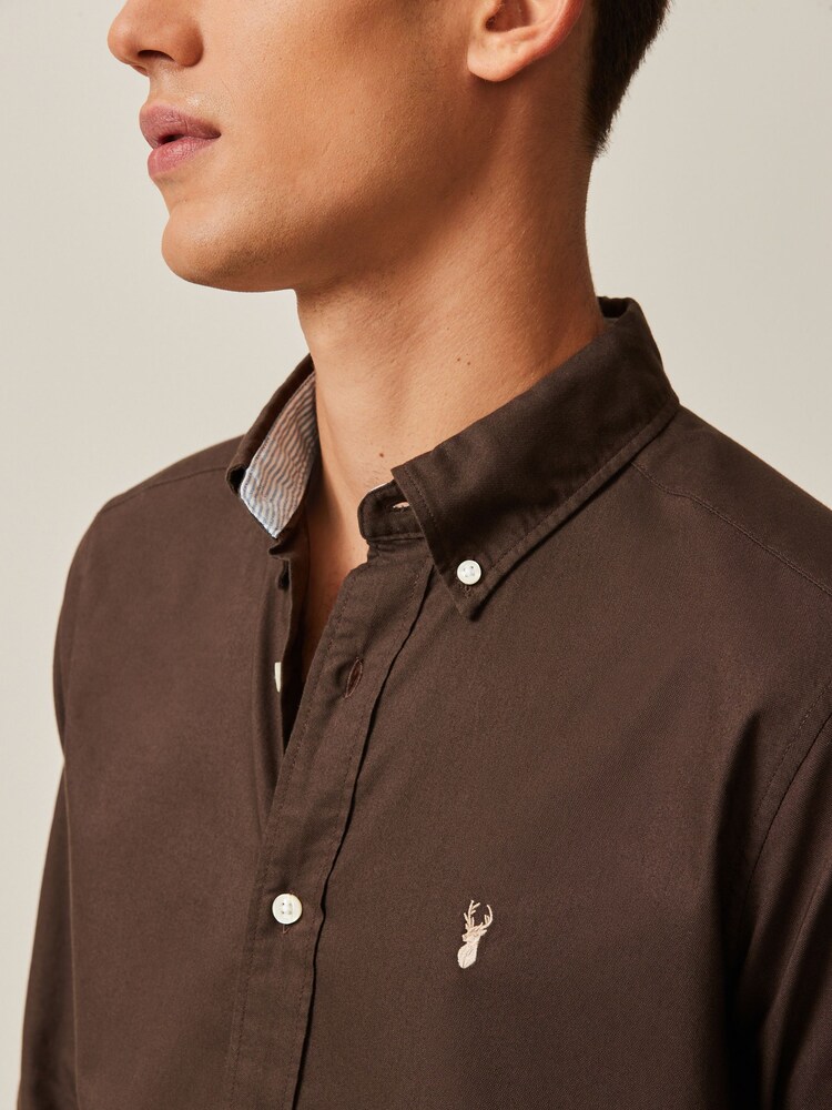 Dark Brown Slim Fit Long Sleeve Oxford Shirt - Image 4 of 8