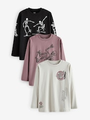 Purple/Stone/Black Skeleton Graphic Print Relaxed Fit Long Sleeve T-Shirts 3 Pack (3-16yrs) - Image 1 of 7