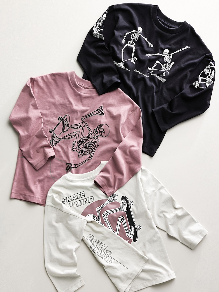 Purple/Stone/Black Skeleton Graphic Print Relaxed Fit Long Sleeve T-Shirts 3 Pack (3-16yrs) - Image 2 of 7