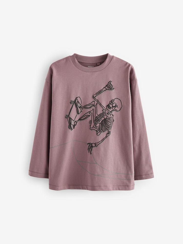 Purple/Stone/Black Skeleton Relaxed Fit Graphic Print Long Sleeve T-Shirts 3 Pack (3-16yrs) - Image 6 of 6 Purple/Stone/Black Skeleton Relaxed Fit Graphic Print Long Sleeve T-Shirts 3 Pack (3-16yrs) - Image 6 of 6