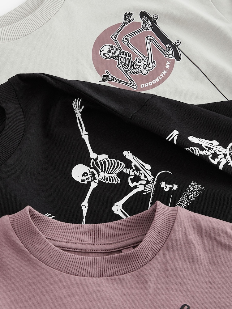 Purple/Stone/Black Skeleton Graphic Print Relaxed Fit Long Sleeve T-Shirts 3 Pack (3-16yrs) - Image 7 of 7