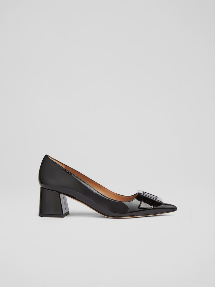 LK Bennett Black Tia Patent Buckle Detail Court Shoes - Image 1 of 4