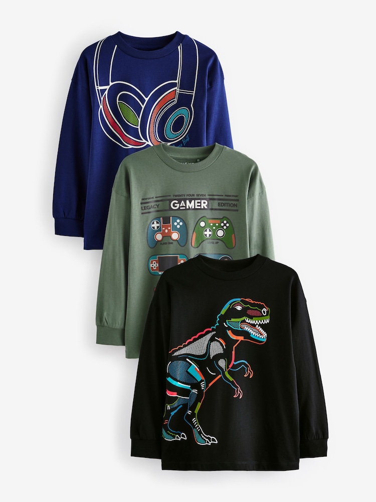 Green/Blue Gaming Graphic Print Relaxed Fit Long Sleeve T-Shirts 3 Pack (3-16yrs) - Image 1 of 7