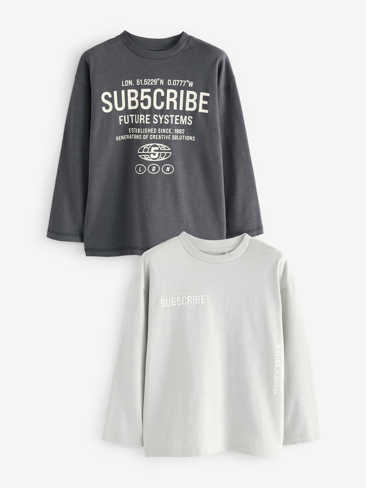 رمادي - حزمة من 2 تيشرت بأكمام طويلة من القطن 100% تشكيلة Subscribe (3–16 سنة) - صورة 1 من 8