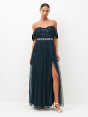 Anaya With Love Navy Blue Scatter Sequin Bardot Maxi Bridesmaid Dress With Thigh Split - Image 1 of 5