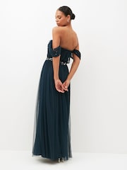 Anaya With Love Navy Blue Scatter Sequin Bardot Maxi Bridesmaid Dress With Thigh Split - Image 2 of 5