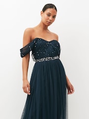 Anaya With Love Navy Blue Scatter Sequin Bardot Maxi Bridesmaid Dress With Thigh Split - Image 3 of 5