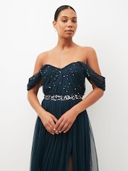 Anaya With Love Navy Blue Scatter Sequin Bardot Maxi Bridesmaid Dress With Thigh Split - Image 4 of 5