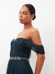 Anaya With Love Navy Blue Scatter Sequin Bardot Maxi Bridesmaid Dress With Thigh Split - Image 5 of 5