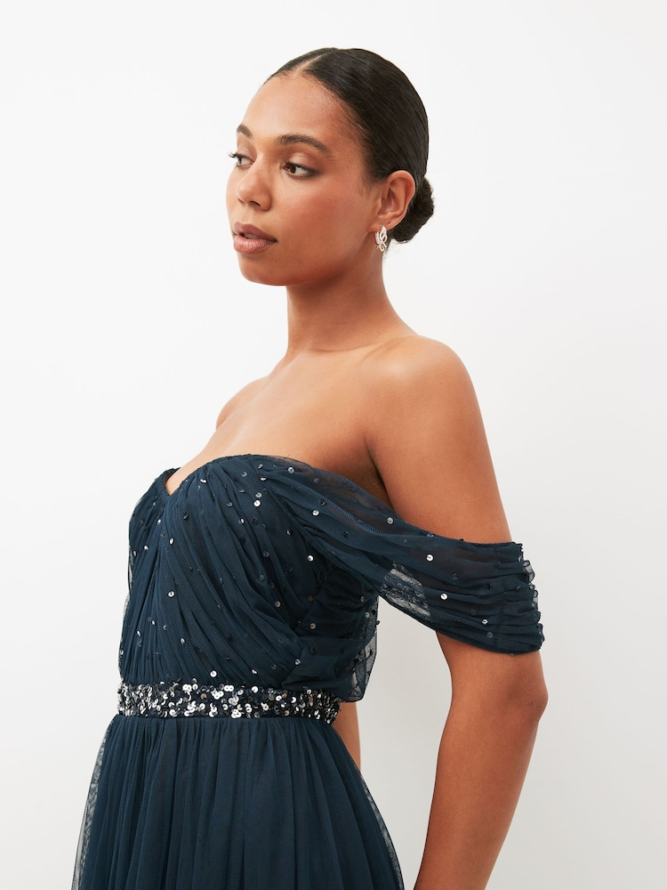 Anaya With Love Navy Blue Scatter Sequin Bardot Maxi Bridesmaid Dress With Thigh Split - Image 5 of 5