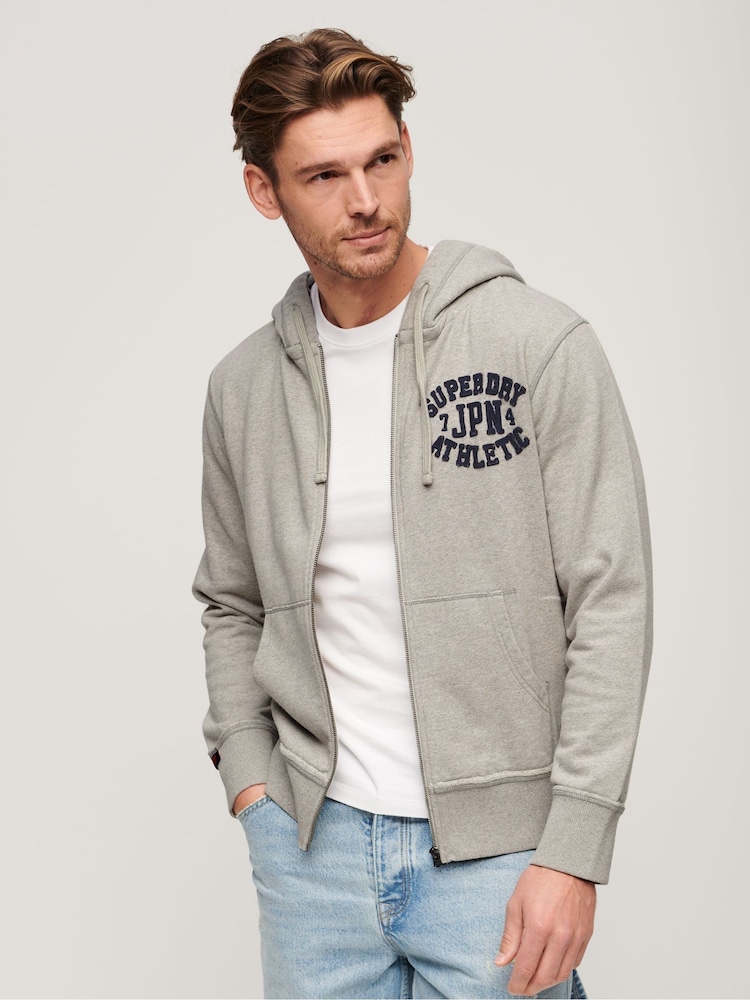 Superdry Light Grey Marl / Dark Grey 100% Cotton Vintage Athletic Zip Hoodie - Image 1 of 6
