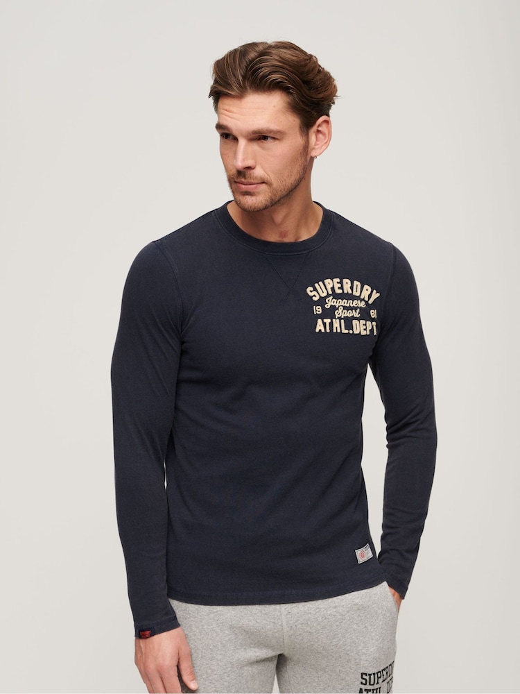 Superdry Blue 100% Cotton Vintage Athletic Chest Long Sleeve T-Shirt - Image 1 of 6 Superdry Blue 100% Cotton Vintage Athletic Chest Long Sleeve T-Shirt - Image 1 of 6