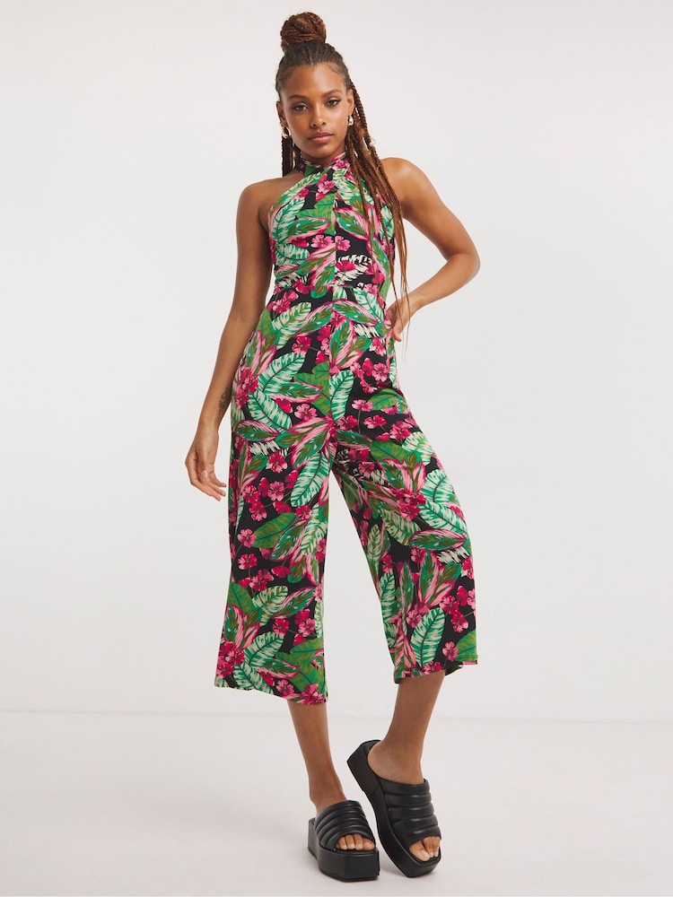 Simply Be Tropical Floral Print Halter Neck Black Jumpsuit - Image 1 of 4