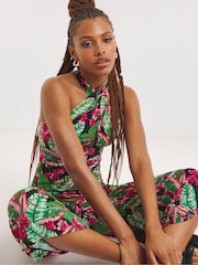 Simply Be Tropical Floral Print Halter Neck Black Jumpsuit - Image 3 of 4