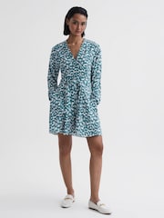 Reiss Teal/White Briella Belted V-Neck Long Sleeve Dress - Image 1 of 4