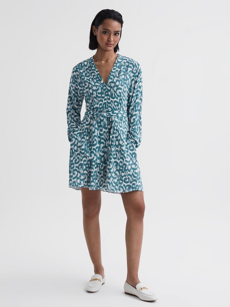Reiss Teal/White Briella Belted V-Neck Long Sleeve Dress - Image 1 of 4
