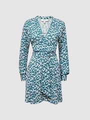Reiss Teal/White Briella Belted V-Neck Long Sleeve Dress - Image 2 of 4