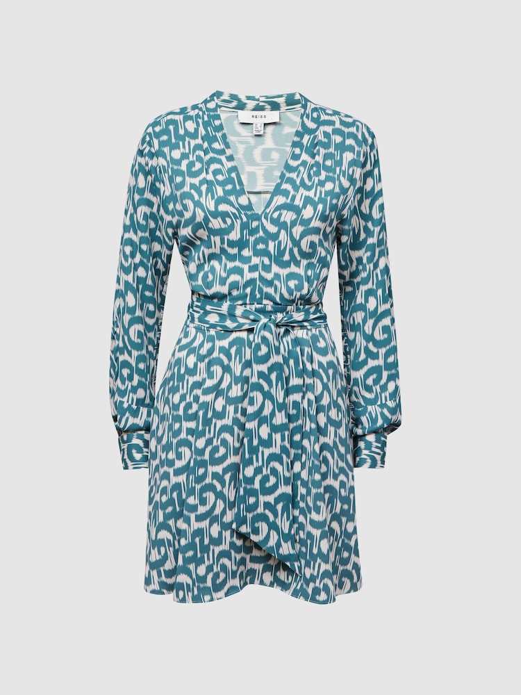 Reiss Teal/White Briella Belted V-Neck Long Sleeve Dress - Image 2 of 4