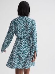 Reiss Teal/White Briella Belted V-Neck Long Sleeve Dress - Image 3 of 4
