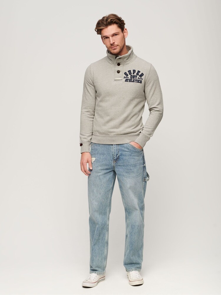 Superdry Light Grey Marl/Dark Grey Vintage Athletic Henley 100% Cotton Jumper - Image 2 of 6