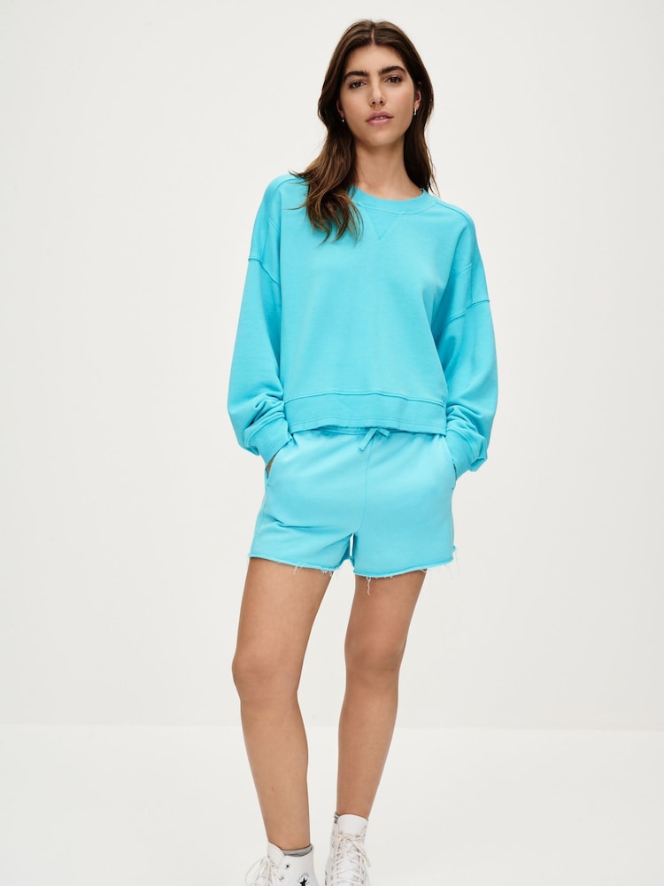 Fluro Blue Raw Hem Detail Washed Crew Neck Sweatshirt - Image 2 of 7