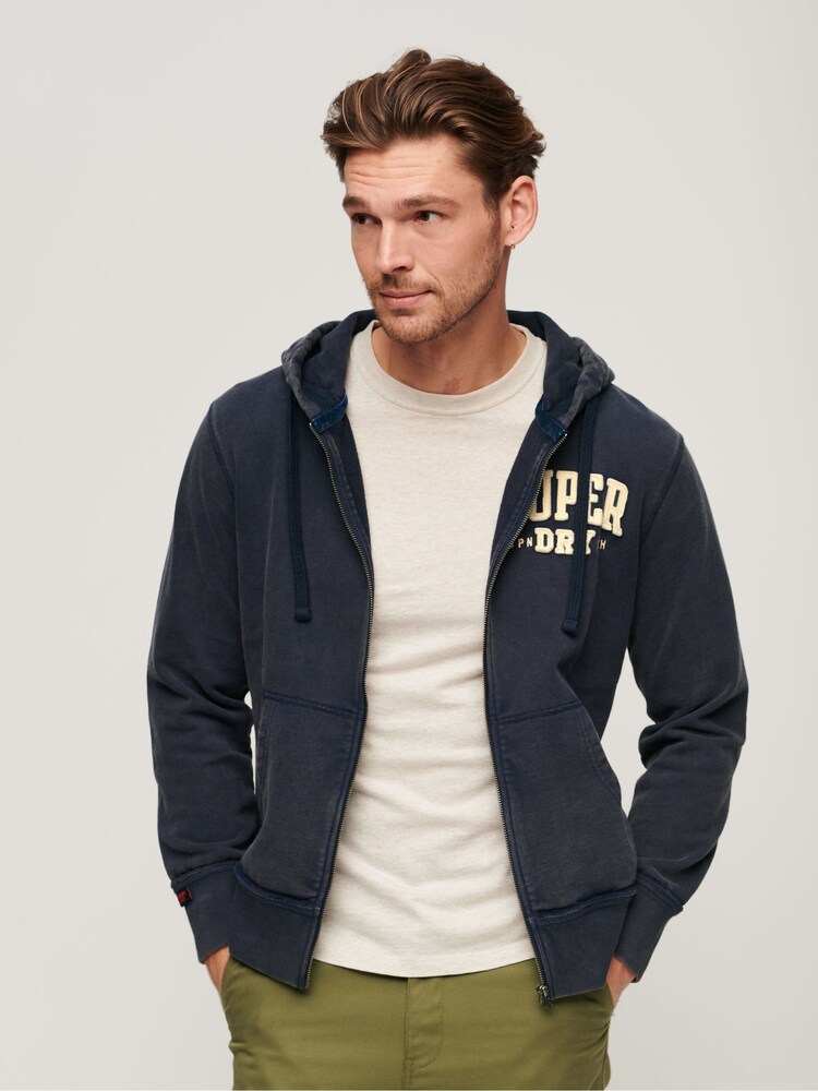Superdry Rich Navy Vintage Athletic ZIp 100% Cotton Hoodie - Image 1 of 6