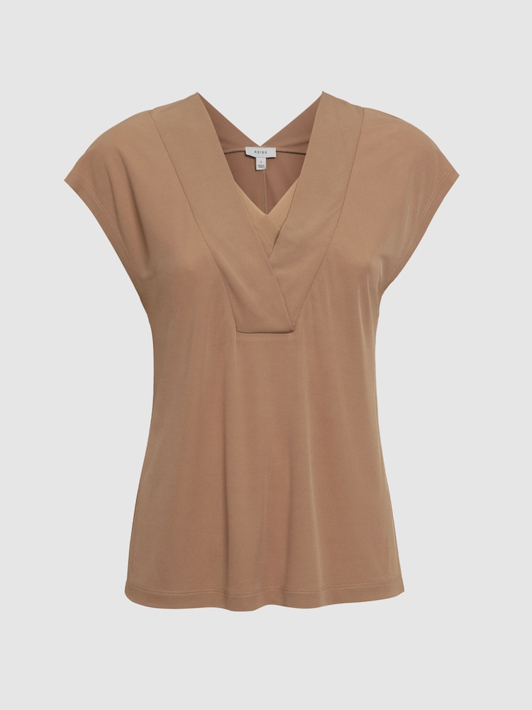 Reiss Camel Bonnie Layered V-Neck T-Shirt - Image 2 of 5