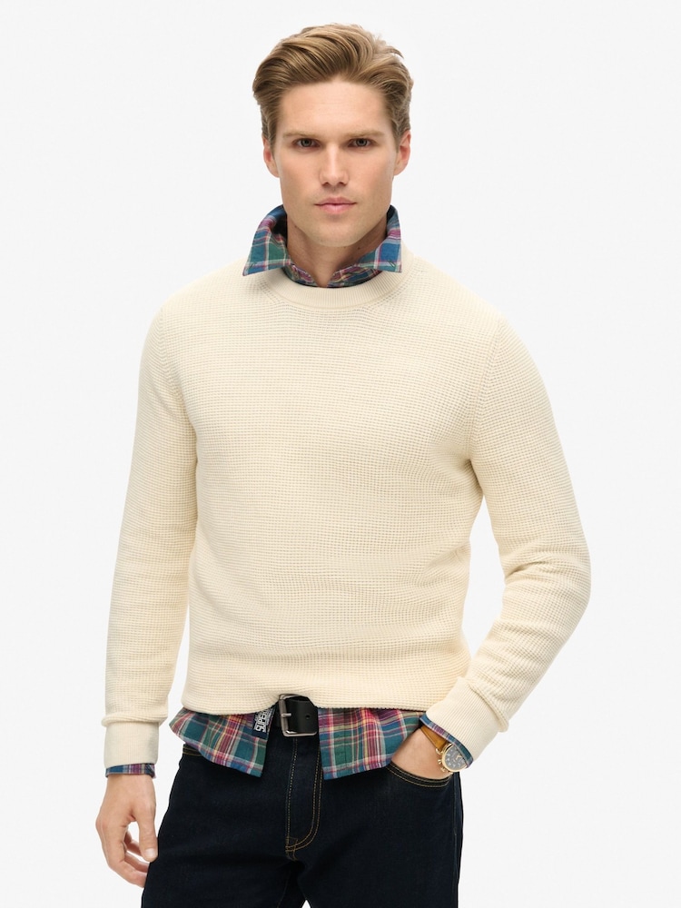 Superdry Ecru Heather Textured Crew 100% Cotton Knit Jumper - Image 1 of 7 Superdry Ecru Heather Textured Crew 100% Cotton Knit Jumper - Image 1 of 7