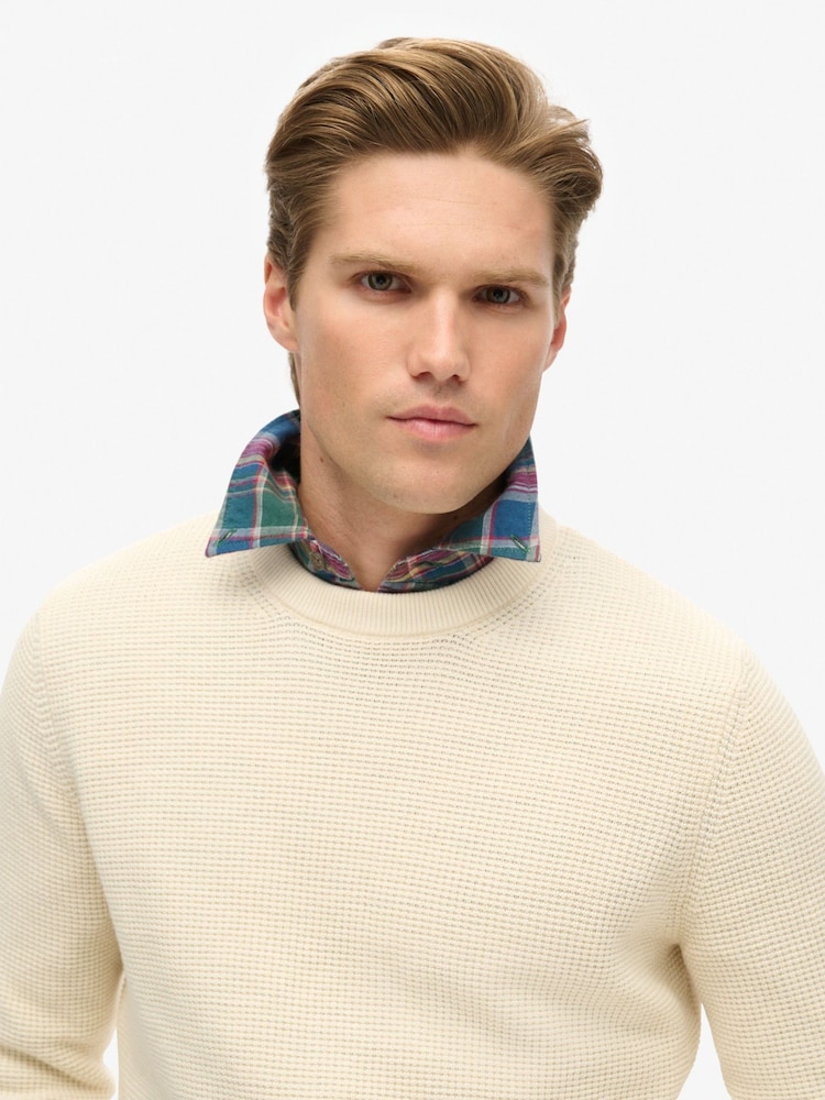 Superdry Ecru Heather Textured Crew 100% Cotton Knit Jumper - Image 2 of 7 Superdry Ecru Heather Textured Crew 100% Cotton Knit Jumper - Image 2 of 7