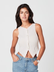 Ecru White Knitlook Ribbed Textured Jersey Waistcoat Top - Image 1 of 6