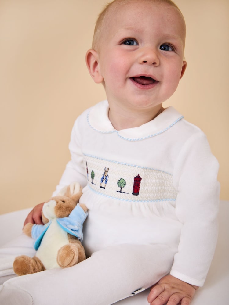 JoJo Maman Bébé Cream Peter Rabbit Smocked Velour All-In-One - Image 2 of 2 JoJo Maman Bébé Cream Peter Rabbit Smocked Velour All-In-One - Image 2 of 2