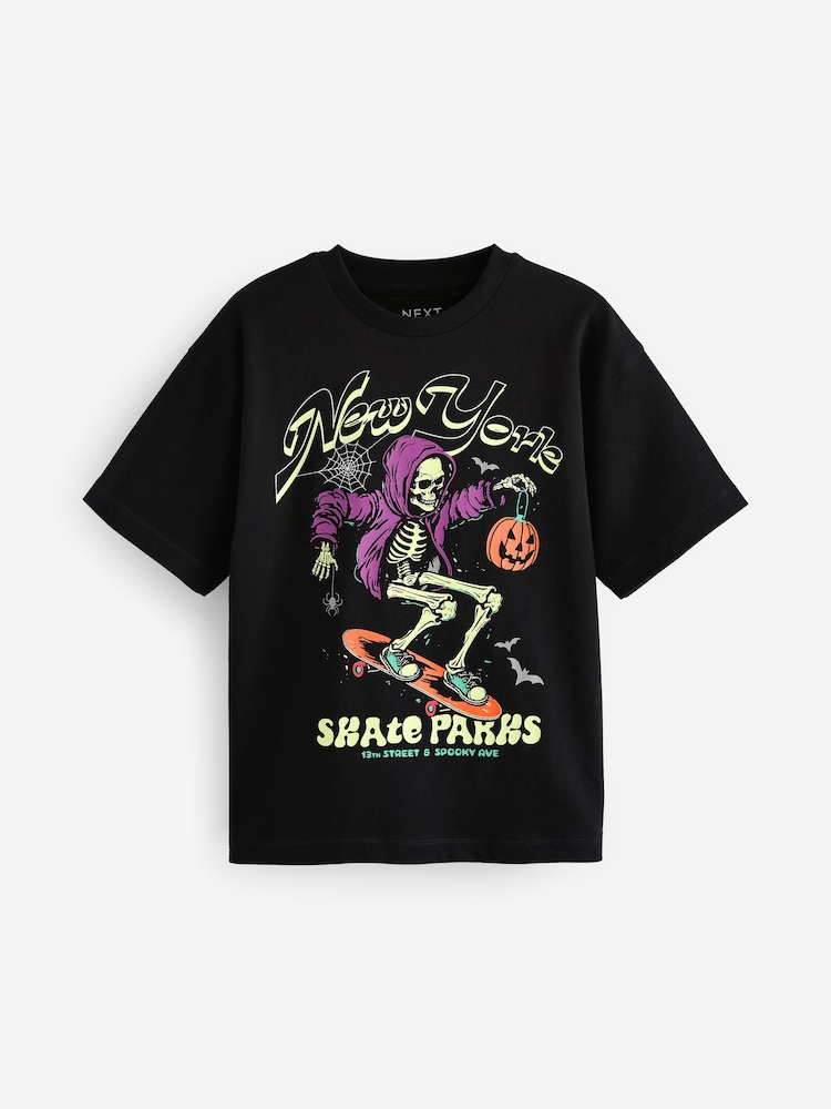 Black Halloween Skeleton Relaxed Fit Graphic 100% Cotton Short Sleeve T-Shirt (3-16yrs) - Image 1 of 3