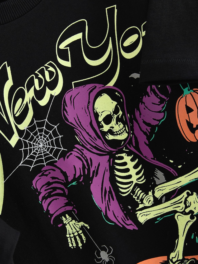 Black Halloween Skeleton Relaxed Fit Graphic 100% Cotton Short Sleeve T-Shirt (3-16yrs) - Image 3 of 3