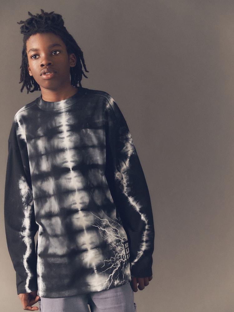 Black Tie Dye Long Sleeve Graphic 100% Cotton T-Shirt (3-16yrs) - Image 1 of 4