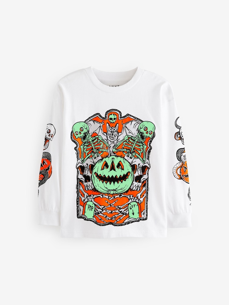 White Glow In the Dark Halloween Graphic Long Sleeve 100% Cotton T-Shirt (3-16yrs) - Image 1 of 4