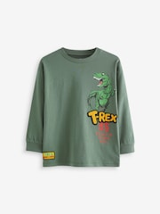 Khaki Green Dino Back Print Relaxed Fit Long Sleeve Graphic T-Shirt (3-16yrs) - Image 1 of 3