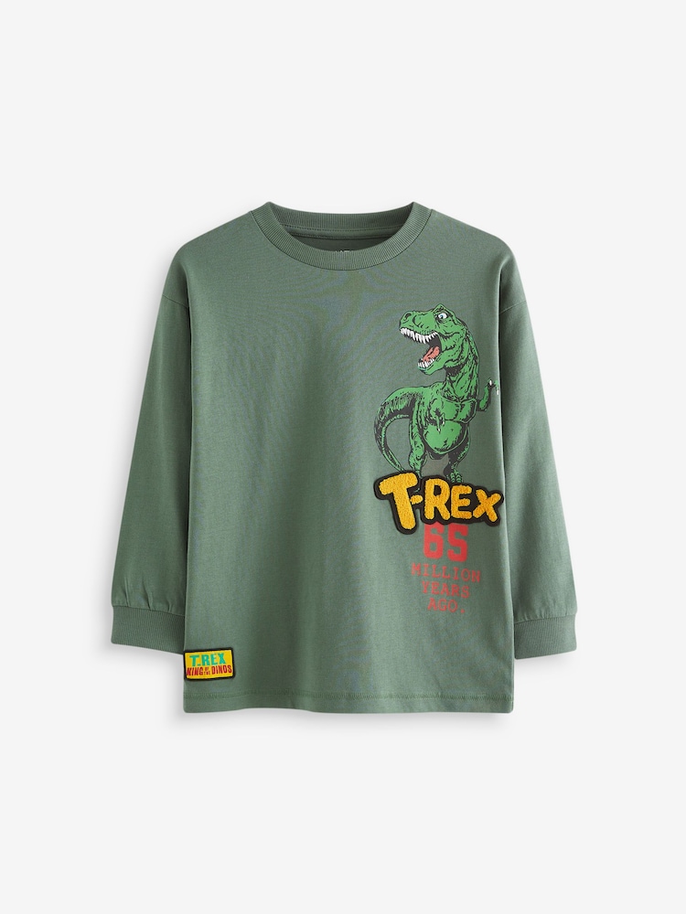 Khaki Green Dino Back Print Relaxed Fit Long Sleeve Graphic T-Shirt (3-16yrs) - Image 1 of 3