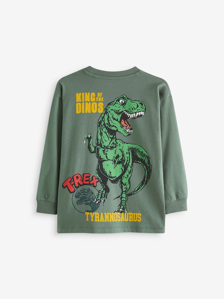 Khaki Green Dino Back Print Relaxed Fit Long Sleeve Graphic T-Shirt (3-16yrs) - Image 2 of 3