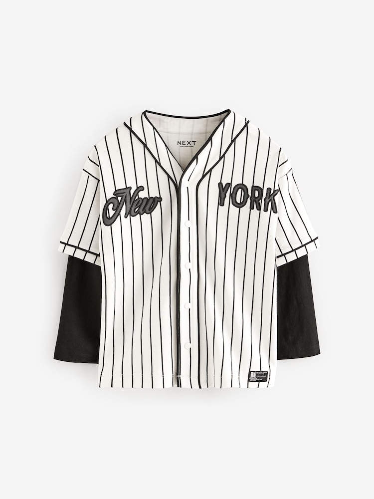 Ecru White/ Black Stripe 100% Cotton Long Sleeve Varsity Baseball Top (3-16yrs) - Image 1 of 4
