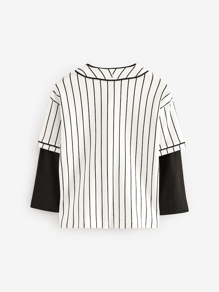 Ecru White/ Black Stripe 100% Cotton Long Sleeve Varsity Baseball Top (3-16yrs) - Image 2 of 4 Ecru White/ Black Stripe 100% Cotton Long Sleeve Varsity Baseball Top (3-16yrs) - Image 2 of 4