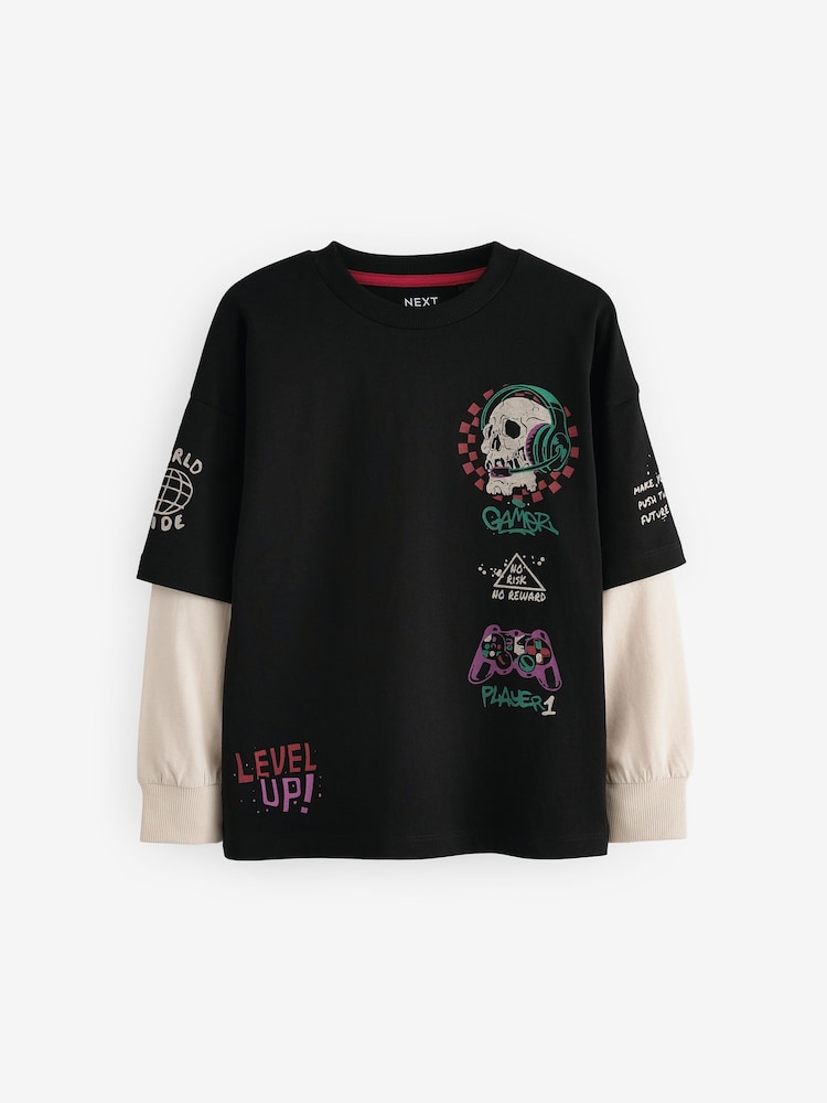 Black Skull Skate Long Sleeve 100% Cotton T-Shirt (3-16yrs) - Image 1 of 3