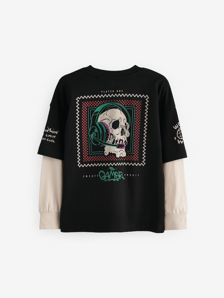 Black Skull Skate Long Sleeve 100% Cotton T-Shirt (3-16yrs) - Image 2 of 3