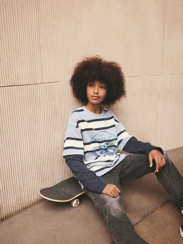 Blue Stripe Skate 100% Cotton Long Sleeve T-Shirt (3-16yrs) - Image 2 of 3