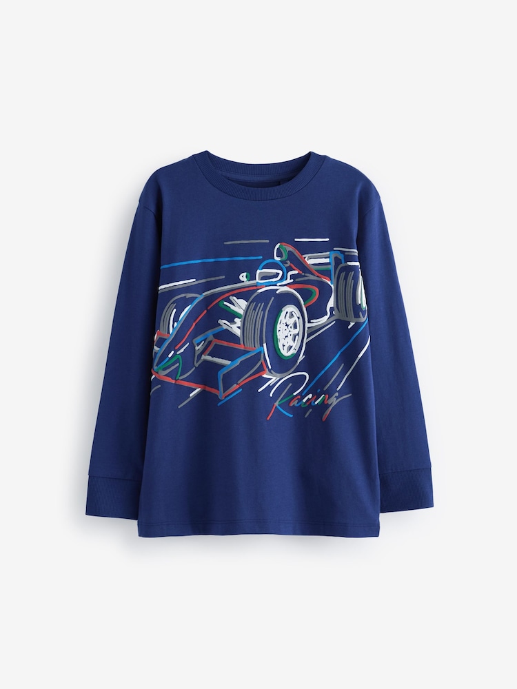 Navy Blue Racing Car Relaxed Fit Long Sleeve Graphic T-Shirt (3-16yrs) - Image 1 of 3