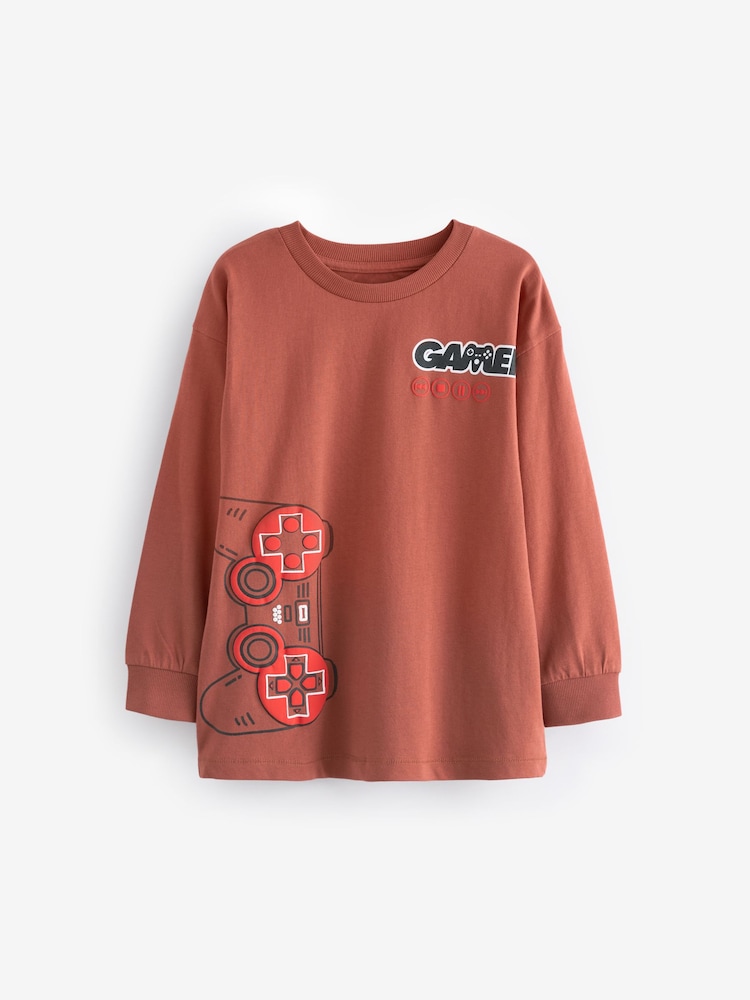 Rust Brown Game Controller Relaxed Fit Long Sleeve Graphic T-Shirt (3-16yrs) - Image 1 of 3