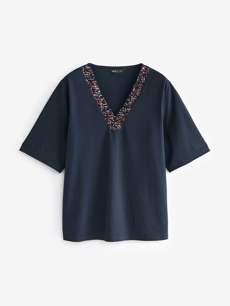 Navy Sequin V-Neck T-Shirt - Image 1 of 1