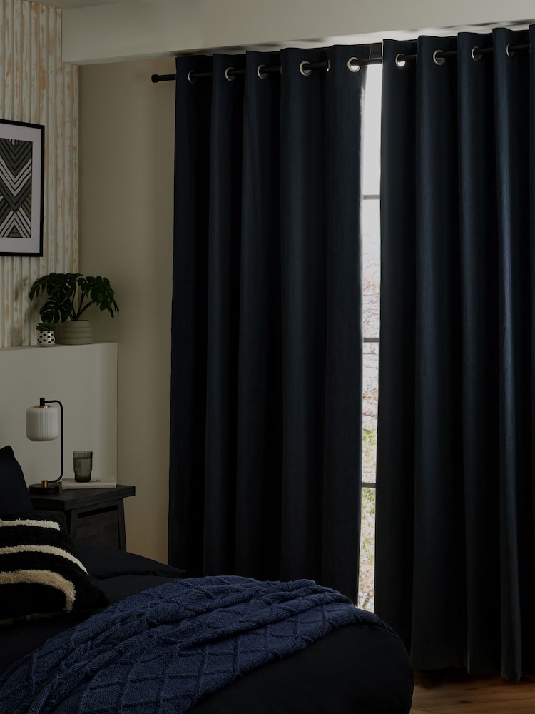 Blue Ink Navy Blackout/Thermal Cotton Eyelet Curtains - Image 2 of 7